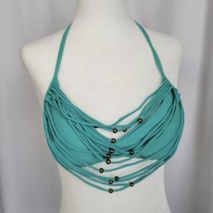 Teal green fringe beaded bikini top - medium - removable pads - Festival